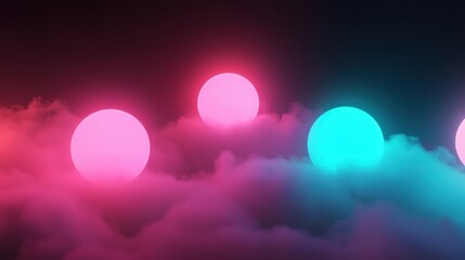 Fototapeta premium Colorful Neon Spheres Above Soft Clouds in Dark Background