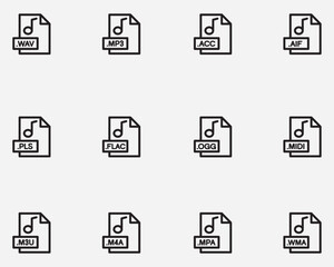set of various audio format file outline icon symbol .sound document icons thin line icons isolated on background
