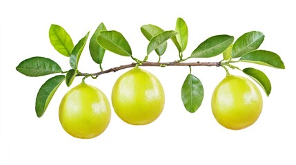 Fresh Green Citrus Fruit on Branch with Leaves Isolated on White