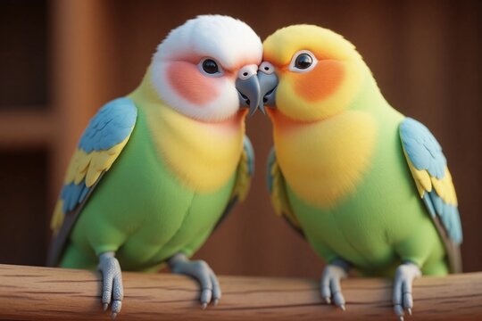 two colorful parrots perched on wooden perch close heads