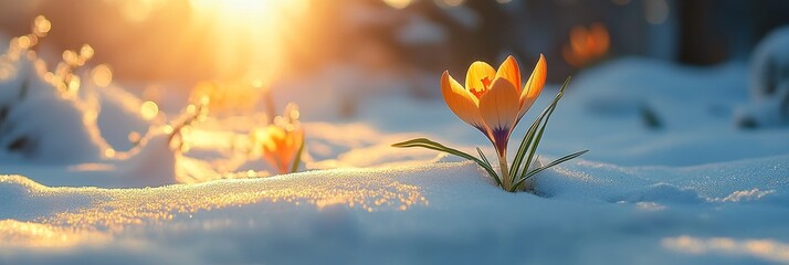 Orange Crocus Flower Blooms through Winter Snow Illuminated by Brilliant Sun, Spring s First Bloom