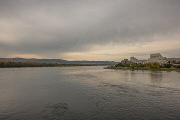 Autumn landscape, trees on the embankment on the bank of the Yenisei River Krasnoyarsk city,...