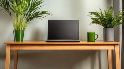 Minimalist wooden desk with a sleek laptop, coffee mug, and green potted plant