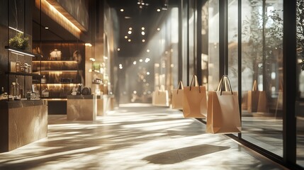 Fototapeta premium Sunlit Boutique Corridor, Shopping Bags, Retail Interior