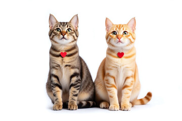 Obraz premium two domestic cats with red heart decorations on white background