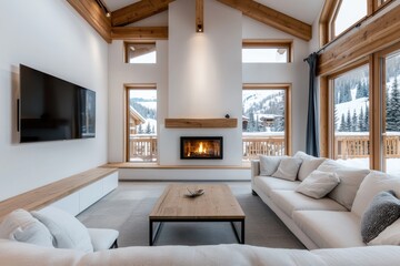 Fototapeta premium Luxurious ski lodge interior featuring a roaring fireplace plush seating and panoramic windows showcasing breathtaking snowy mountain views