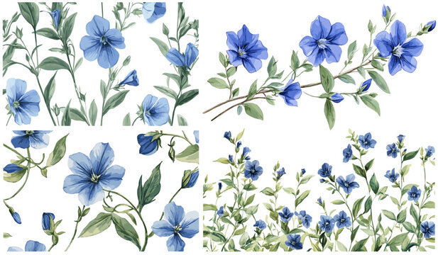 Deep blue Lobelia flowers with soft green leaves, illustrated in a sketchy style, aged feel, vintage botanical illustration, floral sketch, 1840s botanical art, antique flower design.