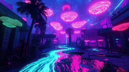Fototapeta premium Enchanted Jungle with Neon Lights and Flowing River at Night