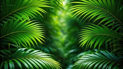 Close-up of lush green palm leaves showing intricate details with blurred nature background