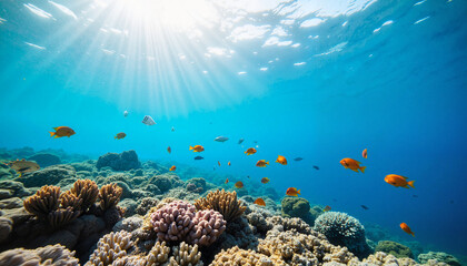 Underwater scene with colorful fish swimming among corals, aquatic ecology