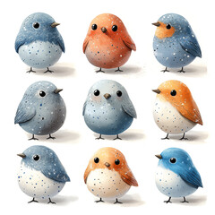 Set of nine colorful funny birds, on a white background, watercolor illustration