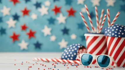 Obraz premium Patriotic themed photo booth with American flag inspired accessories like sunglasses straws and hats creating a fun celebratory atmosphere for a Fourth of July or independence day event