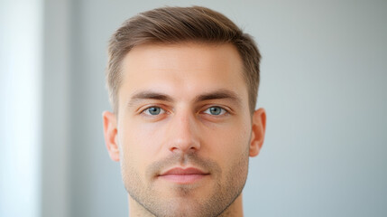 Fototapeta premium close up of man head showcasing his short, styled hair and blue eyes, conveying calm and confident expression