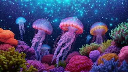 Colorful Jellyfish Swimming in Vibrant Coral Reef Underwater Scene