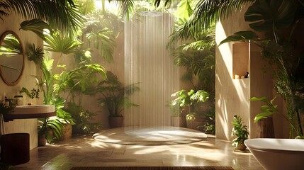 Serene Indoor Shower Surrounded by Lush Tropical Plants and Light