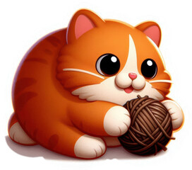 funny fat ginger cat playing with a ball of thread, sticker on a transparent background