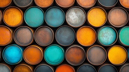 Fototapeta premium Close-up of weathered yet colorful oil barrels, their metallic surfaces creating an industrial mosaic of textures and patterns