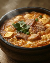 Korean Sundubu Jjigae with kimchi, pork belly, soft tofu in a hot stone bowl, garnished with parsley and green onions