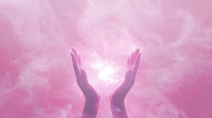 Obraz premium Cupped Hands Emitting Soft Glowing Light in Ethereal Atmosphere
