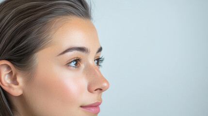 Fototapeta premium Close up shot of person profile showcasing smooth skin, natural beauty, and soft features. image captures serene expression against light background