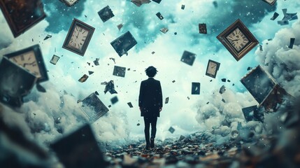 Surreal Journey Through Time With Floating Clocks and Dreamlike Atmosphere