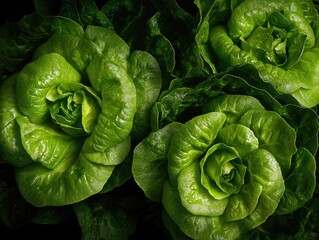 Fototapeta premium Fresh green lettuce with visible leaves and stem in the center of each head.