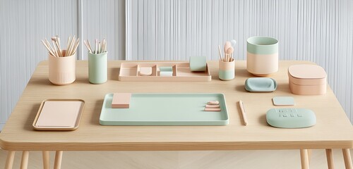 Scandinavian-style desk in light oak, featuring a clean layout and pastel accessories