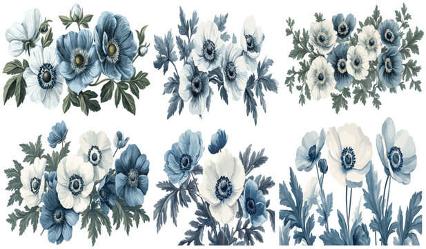 Soft blue and white flowers with dark green leaves, intricate engraving style, vintage charm, 1845 Anemone, botanical art, floral engraving, vintage floral decor, classic flower illustration