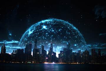 Fototapeta premium A stunning digital representation of a futuristic city skyline, showcasing a network of interconnected nodes under a cosmic dome, symbolizing advanced technology and global connectivity.