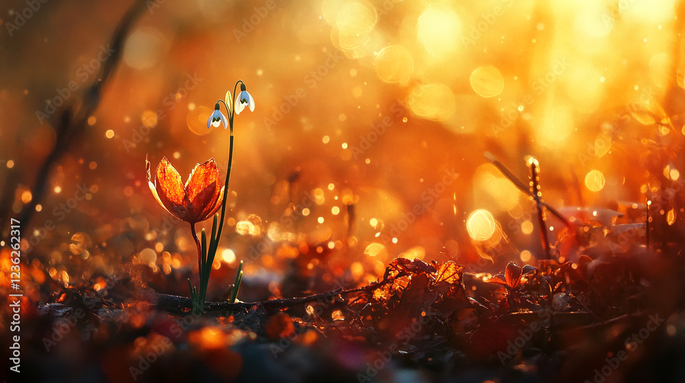 Poster a snowdrop and tulip flower blooming in a vibrant forest with soft, glowing bokeh lights, representi