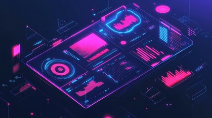 A glowing digital interface with futuristic holographic visuals, interactive charts, and innovation-inspired design