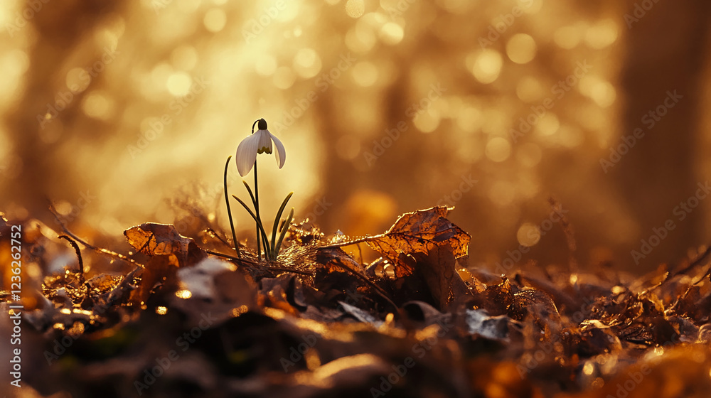 Poster A single snowdrop flower blooming in the forest with a soft golden bokeh light in the background, symbolizing the arrival of spring and new beginnings.