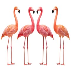 Set of four different pink flamingos on a white background