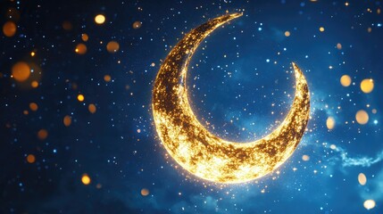 Naklejka premium Gold crescent moon in a starry night sky with floating lights, celebrating the holy month of Ramadan.