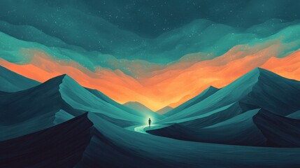 Serene Landscape with a Traveler Walking Through Vibrant Mountains