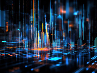 A vibrant digital landscape showcasing towering data streams, illuminated lines of code, and striking colors, symbolizing the fusion of technology and urban life in a virtual metropolis.