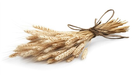 Bundled Dry Wheat Stalks Tied with Twine on a White Background