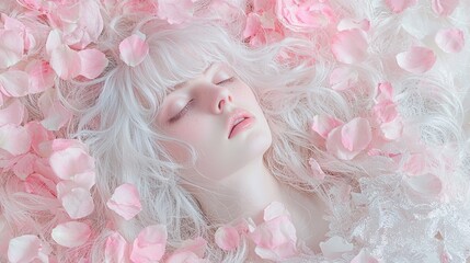 Ethereal Woman Surrounded by Soft Pink Flower Petals