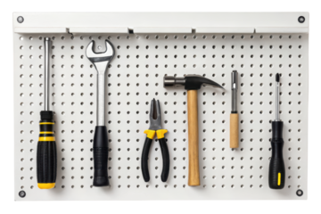 Assortment of tools on pegboard isolated with transparent background