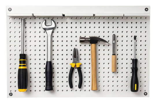 Assortment of tools on pegboard isolated with transparent background