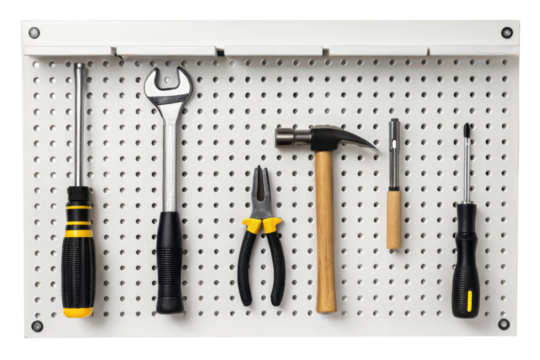 Assortment of tools on pegboard isolated with transparent background