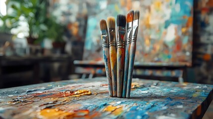 A group of paintbrushes are sitting on a table next to a painting