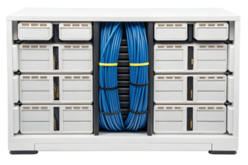 White server rack with blue cables isolated with transparent background