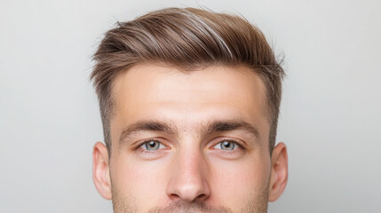 Obraz premium close up view of man face showcasing stylish haircut and clear blue eyes, conveying sense of confidence and modernity