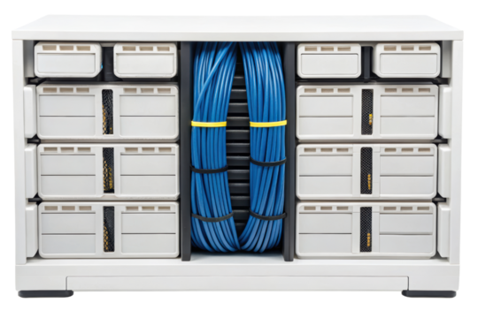 White server rack with blue cables isolated with transparent background