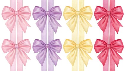 Obraz premium Set of bows in vibrant purple, pink, and yellow colors on a white background