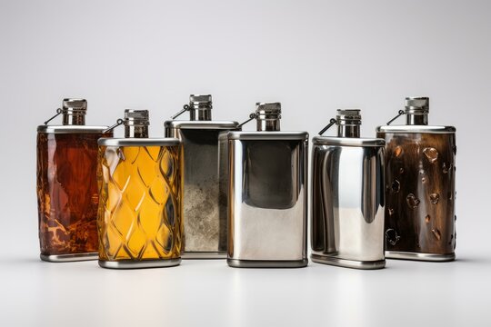 Six hip flasks are standing on a white background, showing different materials and contents