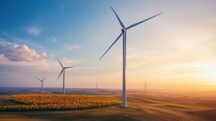 Wind Turbines Against a Beautiful Sunset Over Yellow Flower Field