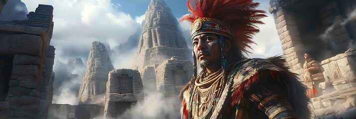 Ancient Inca emperor with feathered headdress standing before grand stone structures