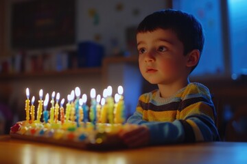 Child blowing out lit candles on cake.